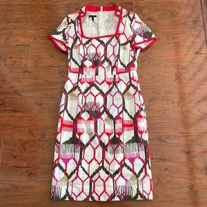 Escada Red and White Short Sleeve Square Neck Straight Midi Dress